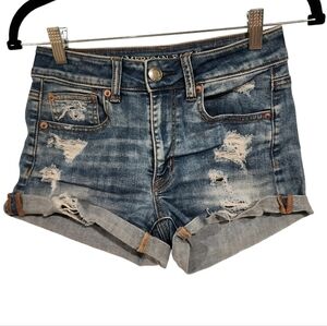 American Eagle Roll Cuff High Rise Shortie Shorts Stretch Denim Jean Shorts sz 2